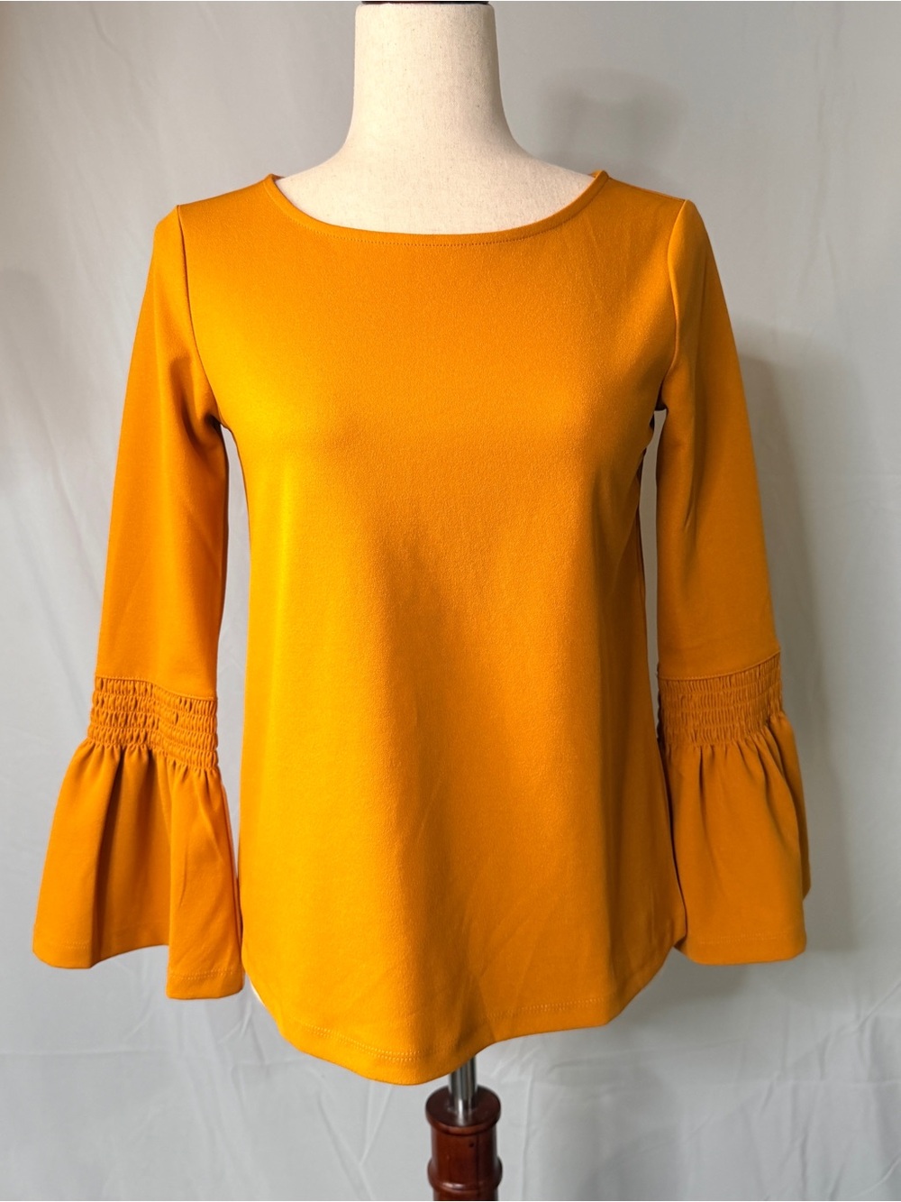 Ann Taylor Mustard Yellow Bell Sleeve Top XSP | Smocked Sleeve Knit Blouse